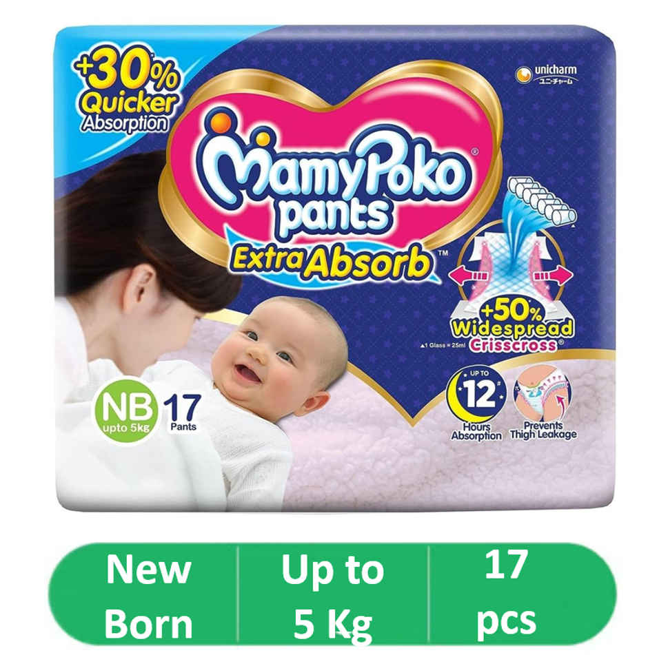 Mamypoko Extra Absorb Baby Diapers | Pant Style | NB | 17 pcs