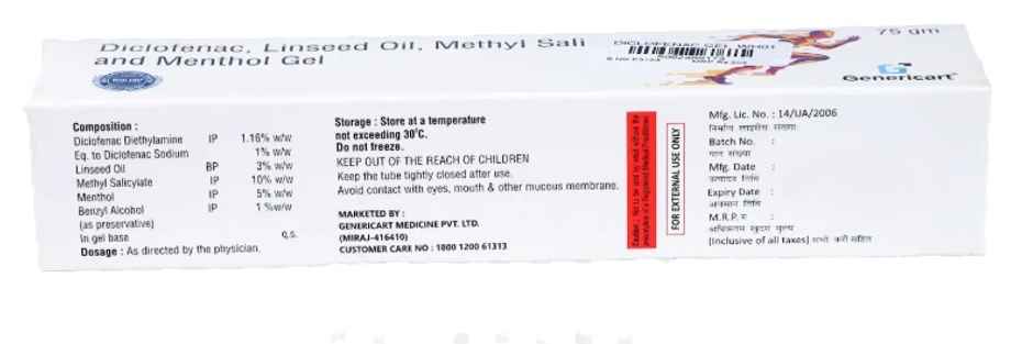 Genericart Diclofenac 1.16%W/W, Linseed Oil 3%W/W, Methyl Salicylate 10%W/W, Menthol 5%W/W Gel
