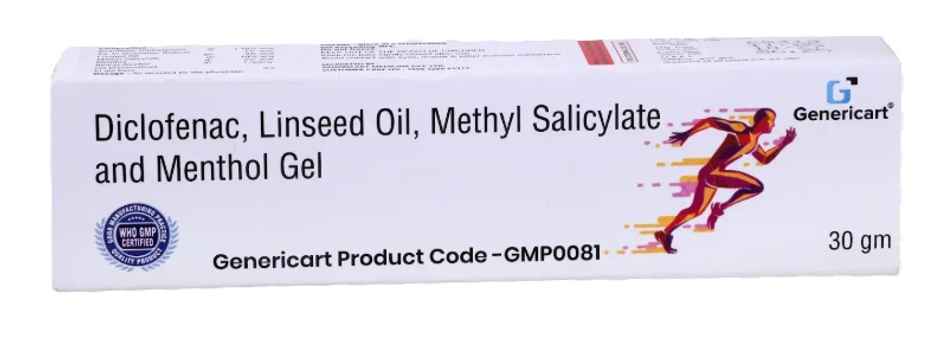 Genericart Diclofenac 1.16%W/W, Linseed Oil 3%W/W, Methyl Salicylate 10%W/W, Menthol 5%W/W Gel