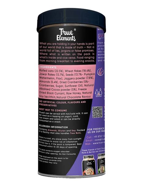 True Elements Muesli Dark Chocolate, Fibre Rich Ready To Eat Breakfast