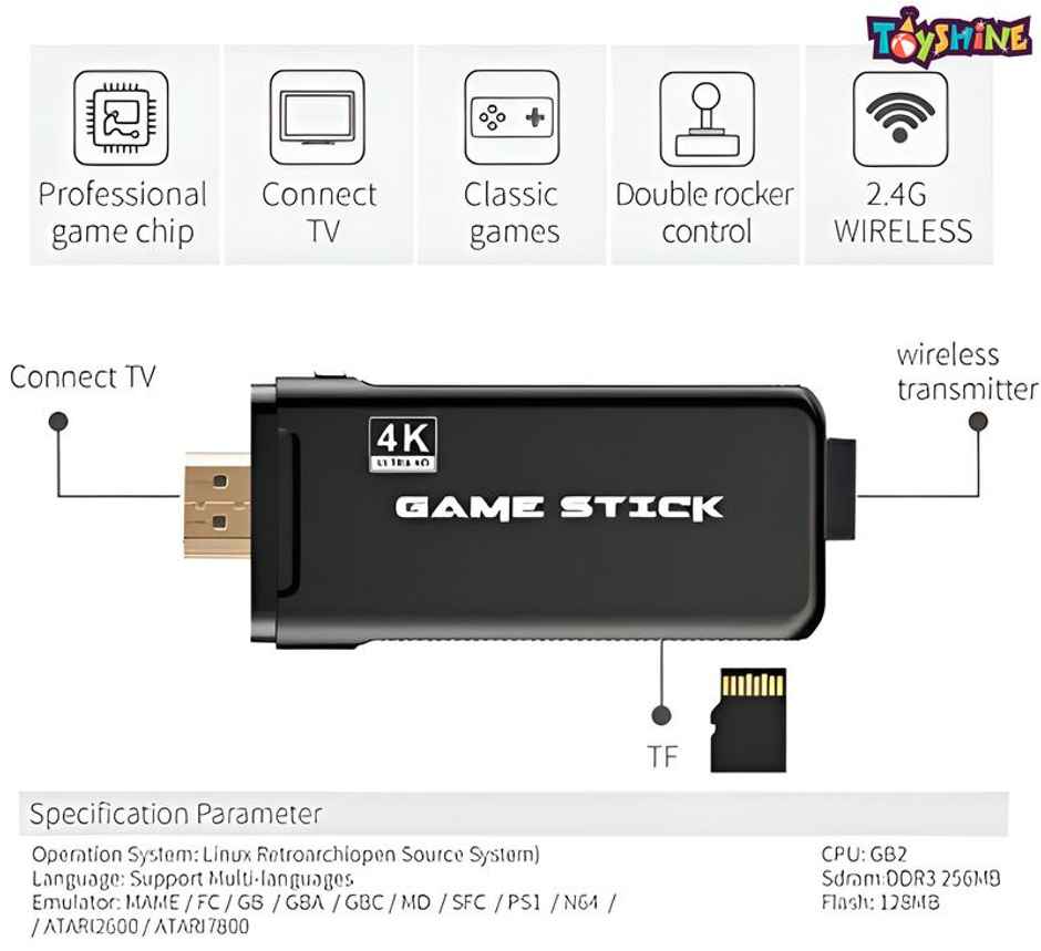 Toyshine Wireless Usb Video Game Console Game Stick Built-In 3000 Classic 4K Ultra Hd Game Stick
