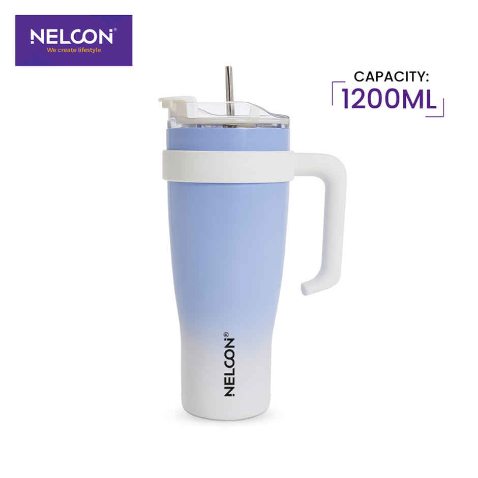 Nelcon Gripsip Double Walled Water Tumbler With Straw | Dual Shade | Light Blue & White | 1.2 L