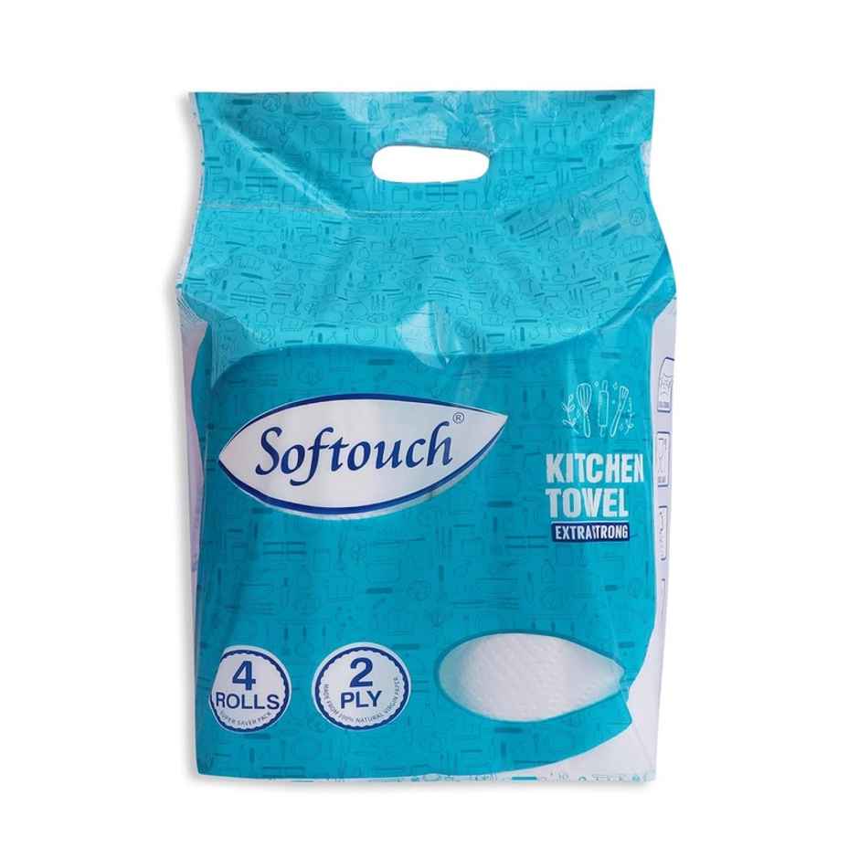 Softouch 2 Ply Kitchen Tissue/Towel Paper Roll, Soft And Highly Absorbent - 4 Rolls