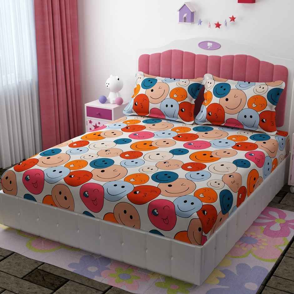 Florida Giggles Kids Elastic Fitted Bedsheet for Double Bed | Pillow Covers - Poly-Cotton