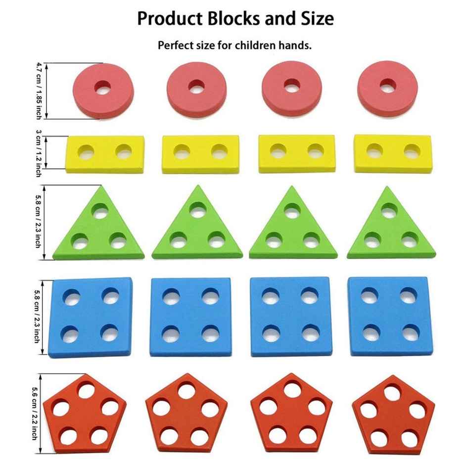 Fablue Wooden Geometric Shape Sorting And Stacking Blocks - Educational Learning Puzzle Toy