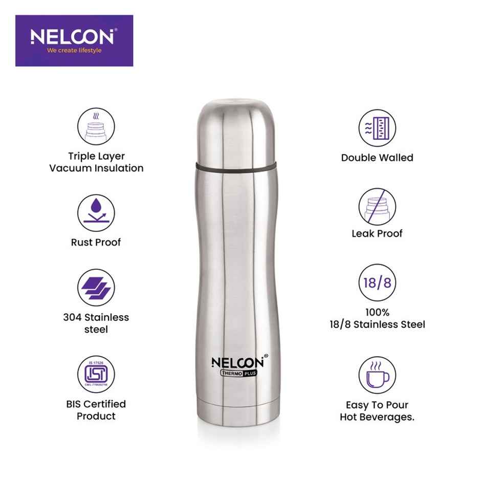 Nelcon Glory 24 Hrs Hot&Cold | Vacuum Flask 500 ml | Easy Grip | ISI Certified | Sliver
