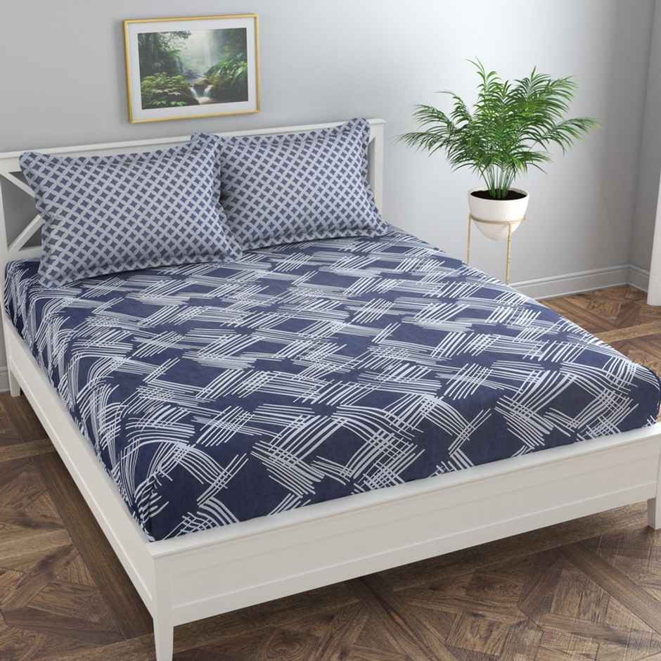 Florida Flyn Elastic Fitted Double PolyCotton Abstract Bedsheet, 2 Pillow Covers | Blue | 72 x 78in