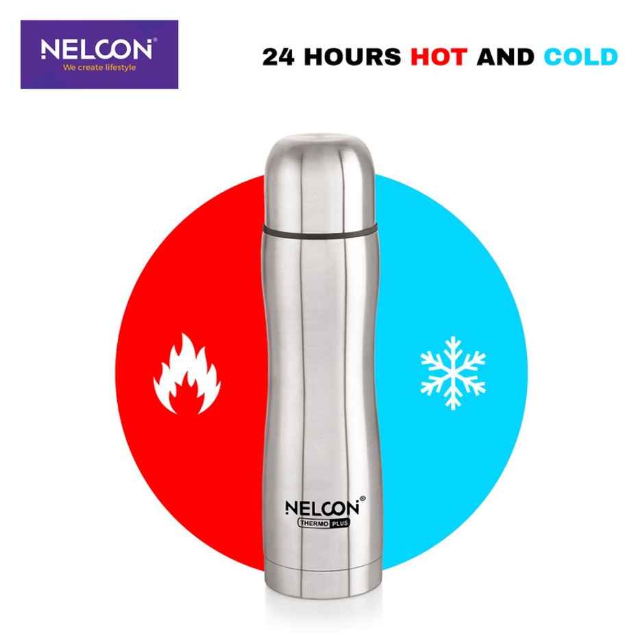 Nelcon Glory 24 Hrs Hot&Cold | Vacuum Flask 500 ml | Easy Grip | ISI Certified | Sliver