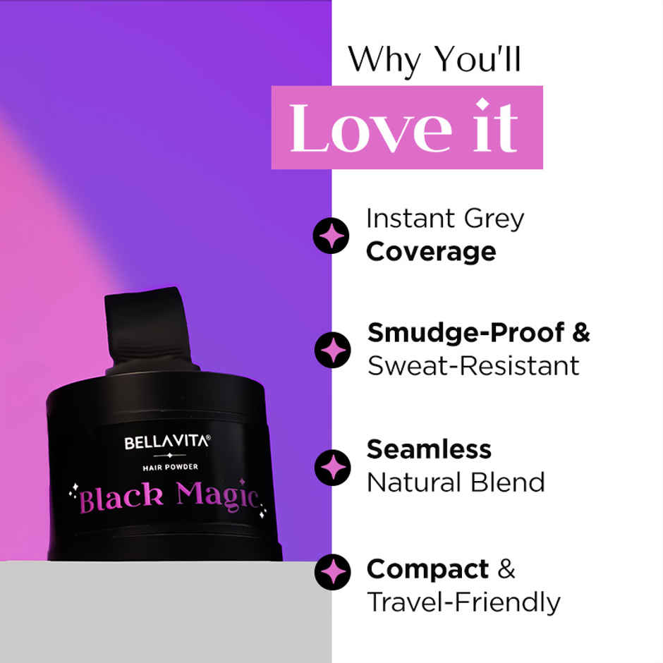 BELLAVITA Black Magic Hair Powder | Covers Grey Hair & Bald Spots Instantly | Root Touch Up