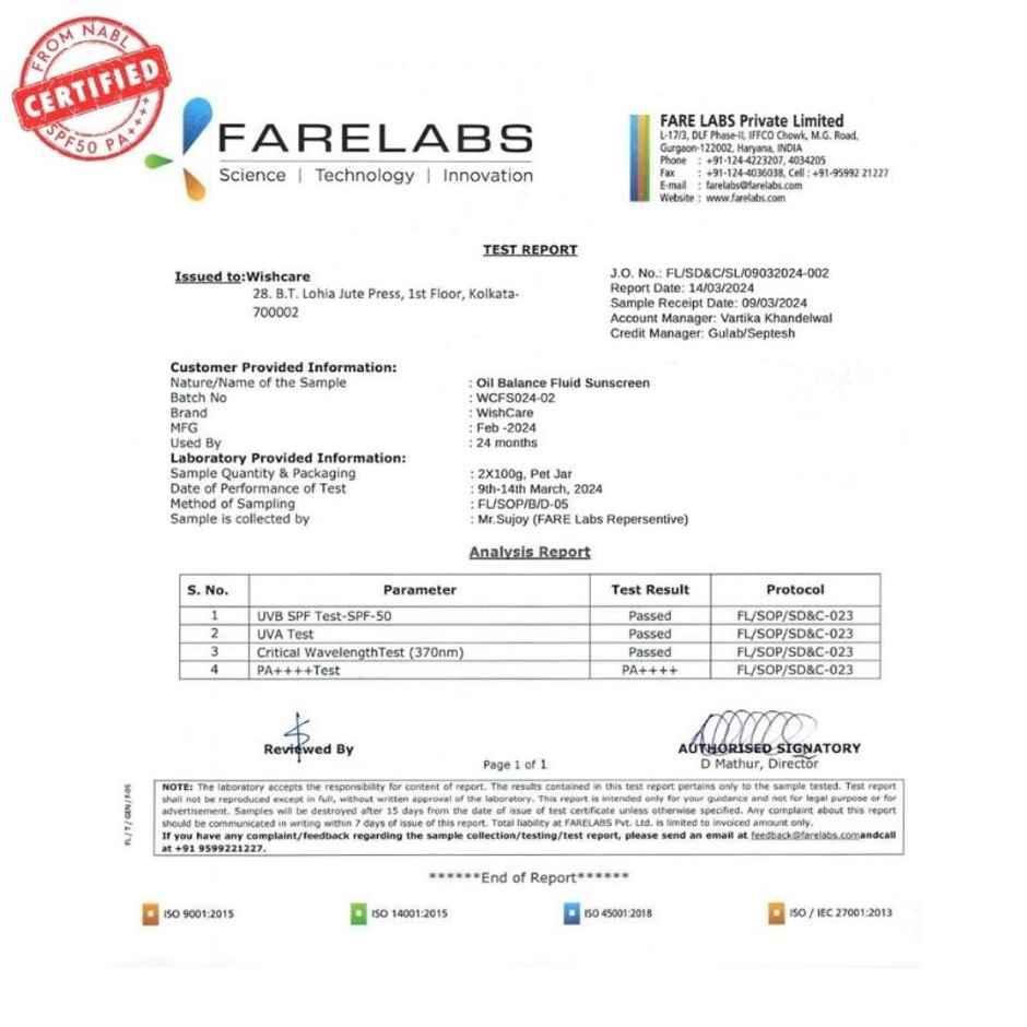 WishCare Niacinamide Oil Balance Fluid Sunscreen SPF 50 PA++++ |In-Vivo Tested|8hrs+ SPF Protection