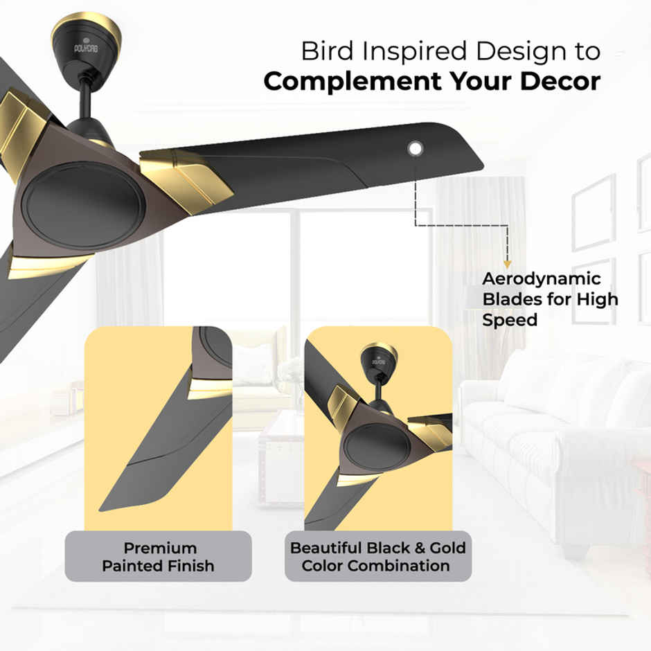 Polycab Aereo Plus Ceiling Fan,1200mm,100% Copper,Rust-Proof Blades,Matt Black Choclate Gold