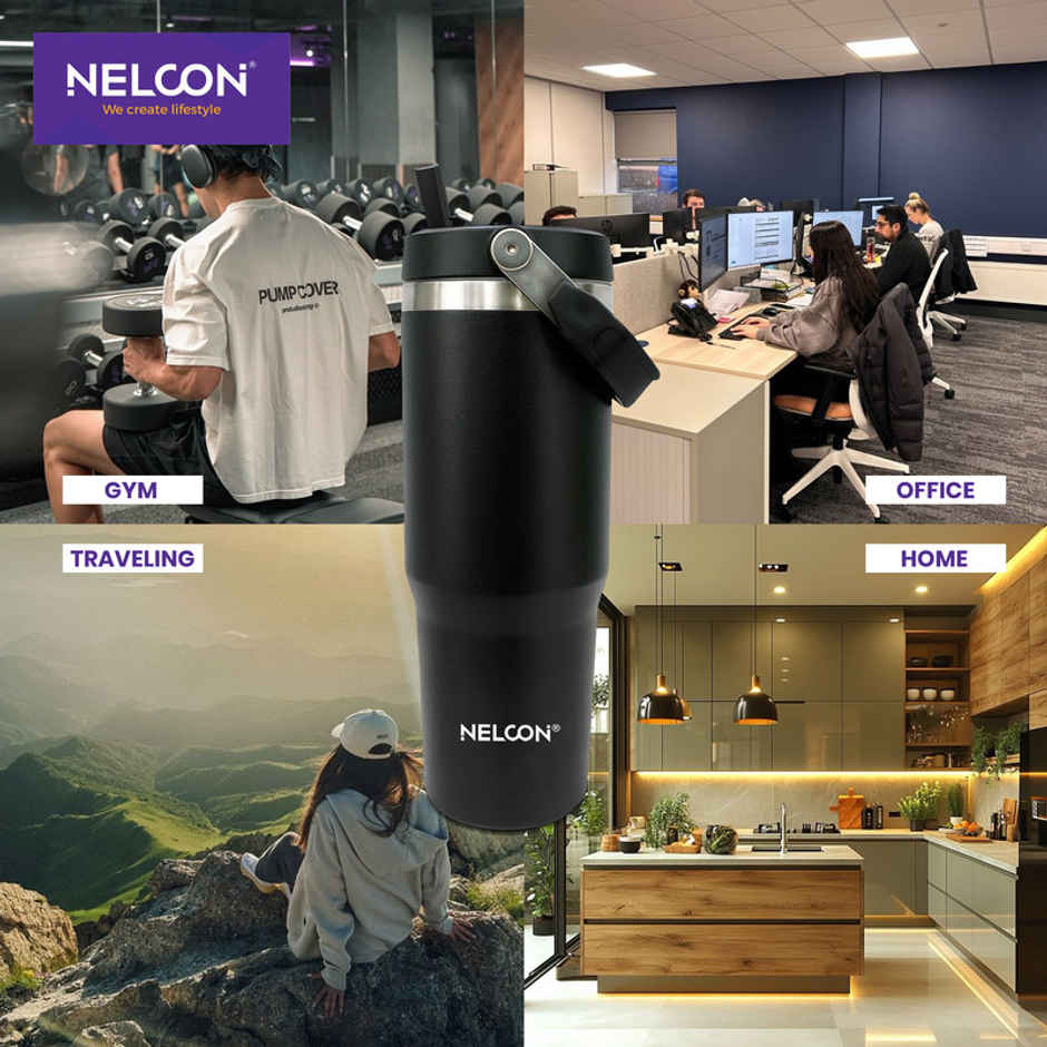 Nelcon Travel Mate Insulated Tumbler | Double Wall Stainless Steel Flask | Black | 900 ml