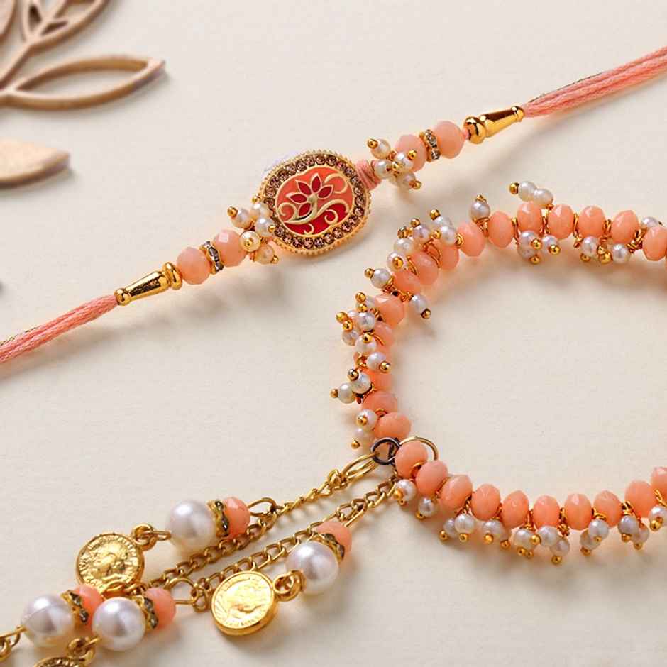 FlowerAura Bhaiya and Bhabhi Floral Rakhi - Stone and Pearl Danglings