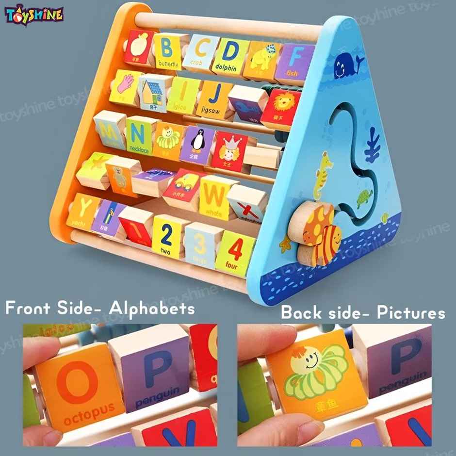 Toyshine 5 In 1 Wooden Activity Centre Triangle Toy Alphabet Blocks Abacus Clock Writing