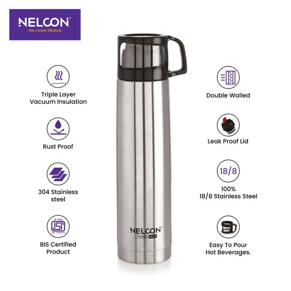 Nelcon Classy Flask 500 ml | Vacuum Flask Water Bottle | ISI Certified | Sliver