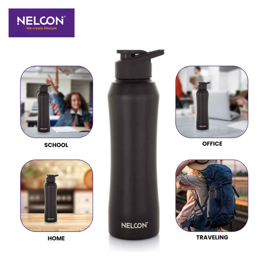 Nelcon Stainless Steel Elito Sipper Sports Water Bottle | Black | 1 L