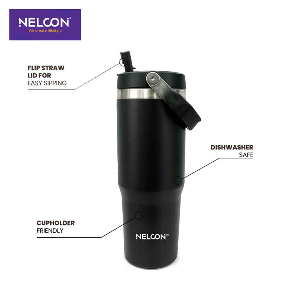 Nelcon Travel Mate Insulated Tumbler | Double Wall Stainless Steel Flask | Black | 900 ml