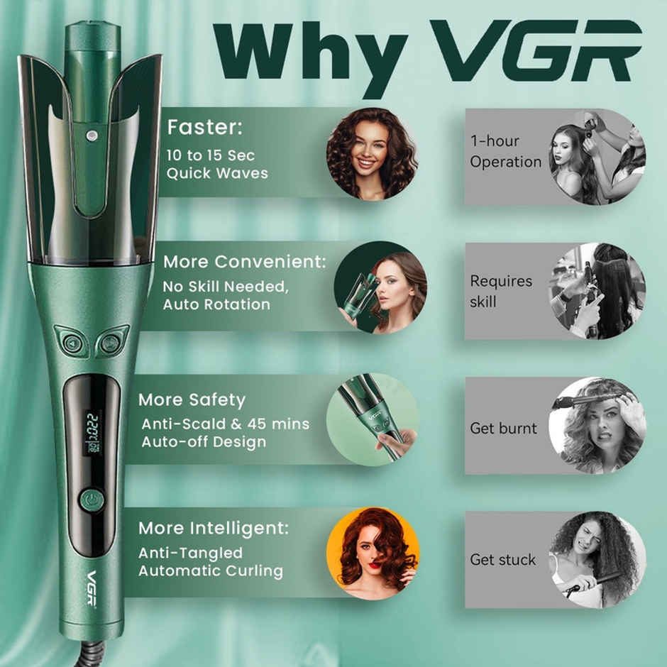 VGR V-583 Professional Automatic Hair Curler | 220�c Max Heat | 360� Swivel Cord | Green