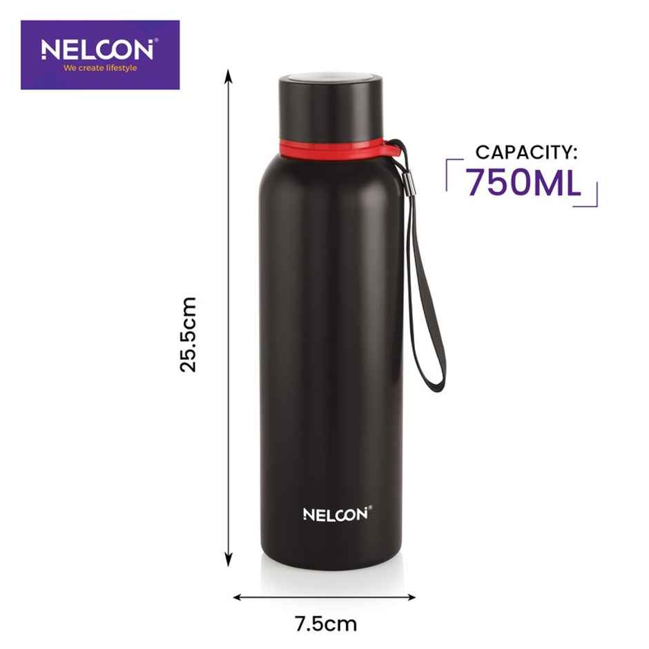 Nelcon Stainless Steel Leo Flask | ISI Certified | Bpa Free | Durable | Leak Proof | 750 ml | Black