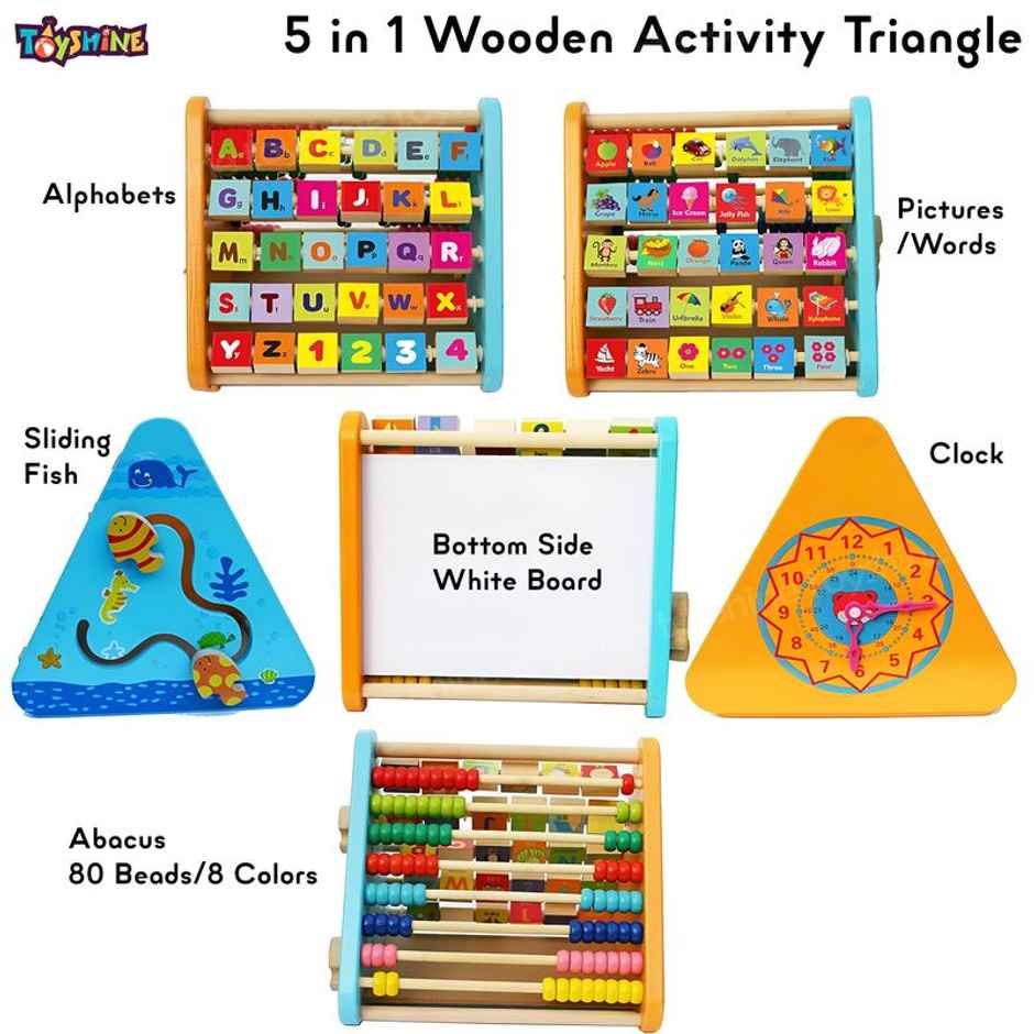 Toyshine 5 In 1 Wooden Activity Centre Triangle Toy Alphabet Blocks Abacus Clock Writing
