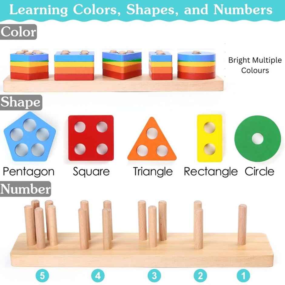 Fablue Wooden Geometric Shape Sorting And Stacking Blocks - Educational Learning Puzzle Toy