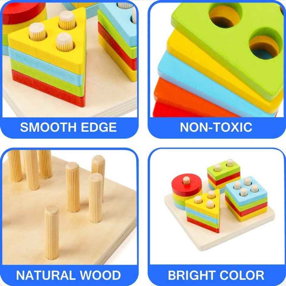 Fablue Wooden Square Shape Sorting And Stacking Blocks - Educational Learning Puzzle Toy For Kids