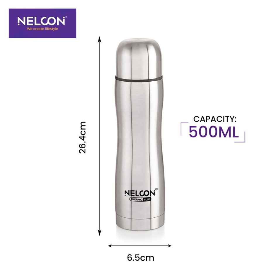 Nelcon Glory 24 Hrs Hot&Cold | Vacuum Flask 500 ml | Easy Grip | ISI Certified | Sliver