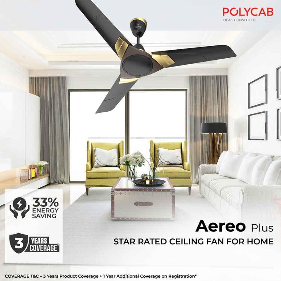 Polycab Aereo Plus Ceiling Fan,1200mm,100% Copper,Rust-Proof Blades,Matt Black Choclate Gold