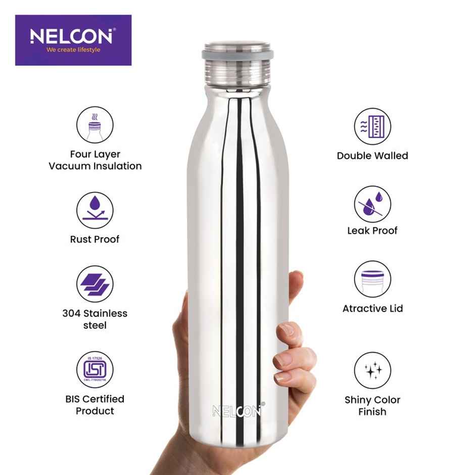Nelcon Stark Vacuum Flask SS Bottle | School | Hiking | ISI Certified | 1 L | Sliver