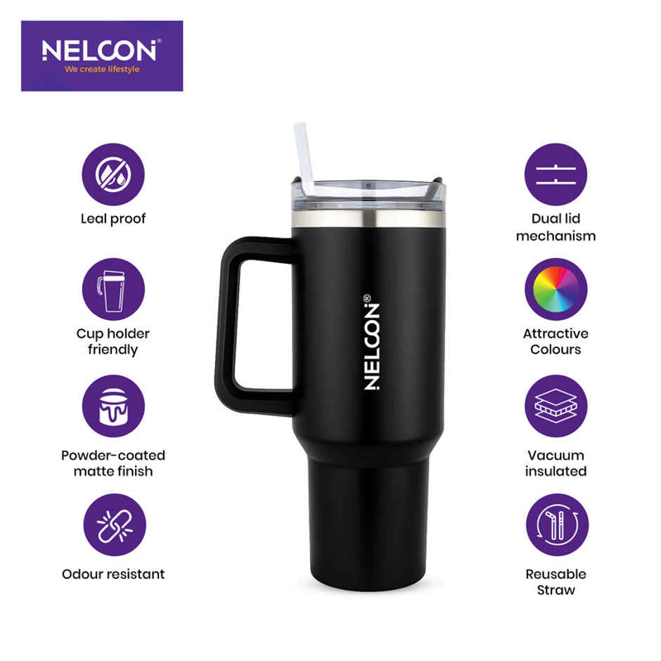 Nelcon SipJoy Vacuum Insulated Water Tumbler With Straw | Matt Finish | Black | 900 ml