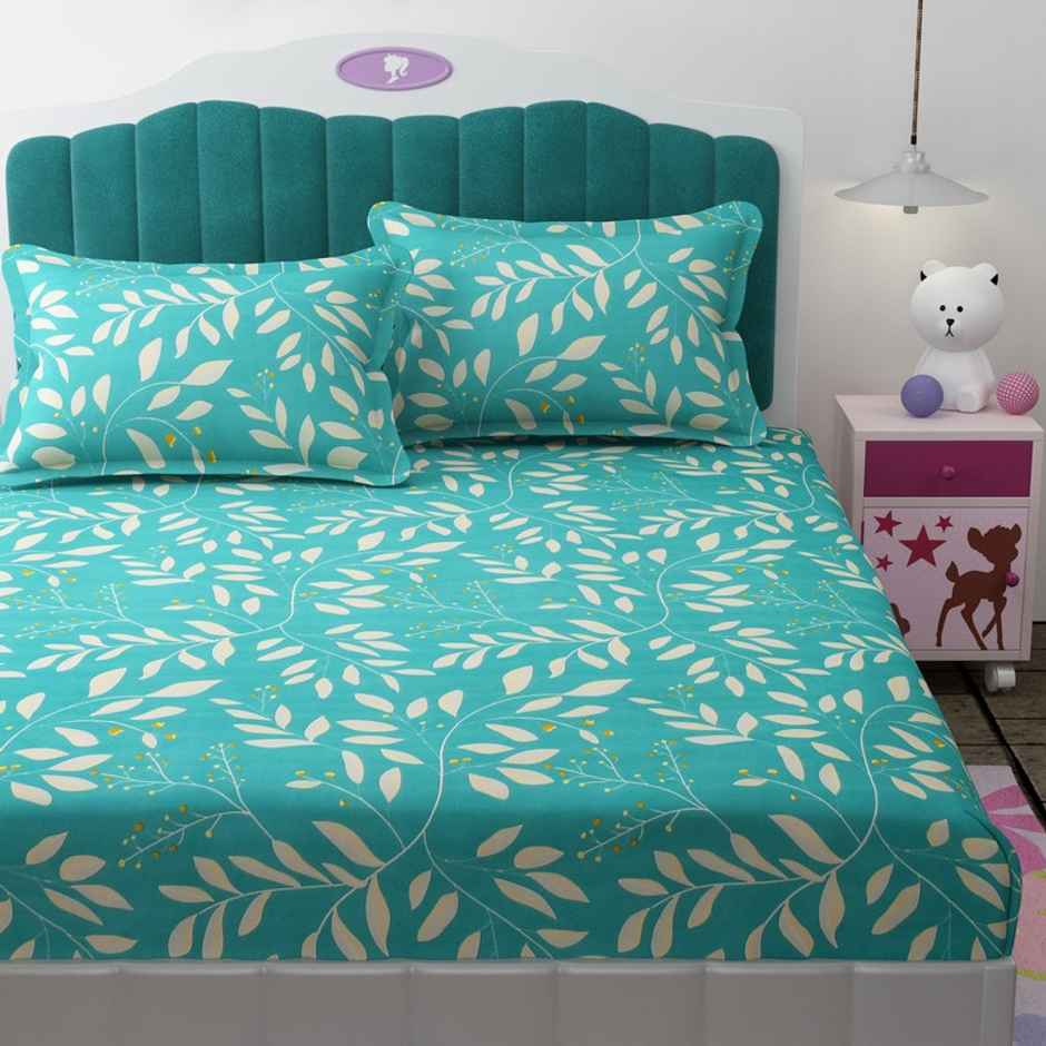 Florida Flyn Elastic Fitted Double Microfiber Leafy Bedsheet | With 2 Pillow Covers | Blue