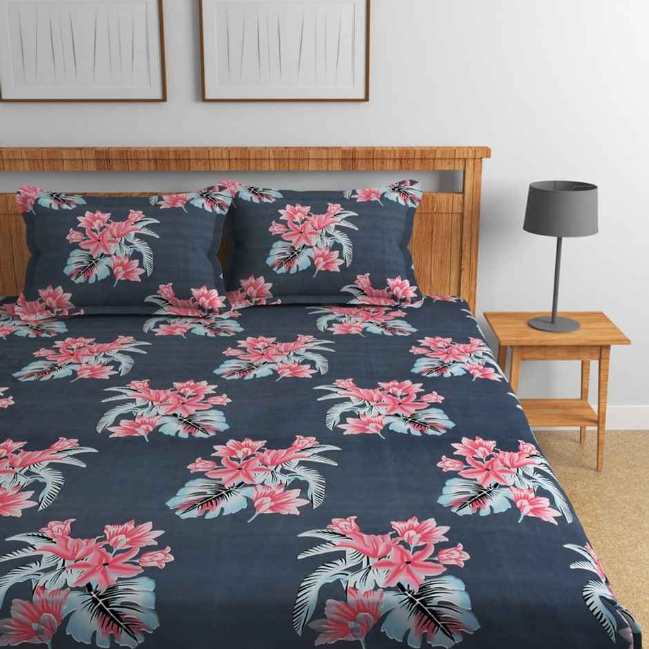 Florida Elastic Fitted Double Cotton Floral Bedsheet | With 2 Pillow Covers | Blue | 90 x 100 in