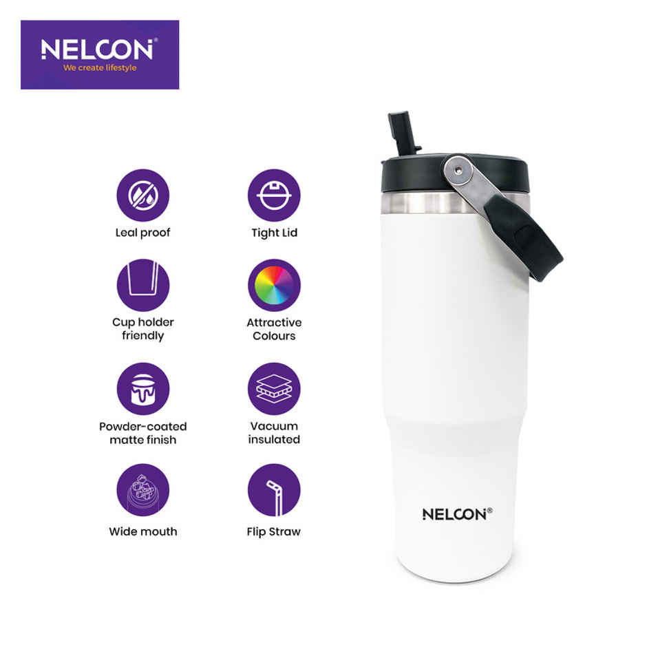 Nelcon Travel Mate Insulated Tumbler | Double Wall Stainless Steel Flask | White | 900 ml