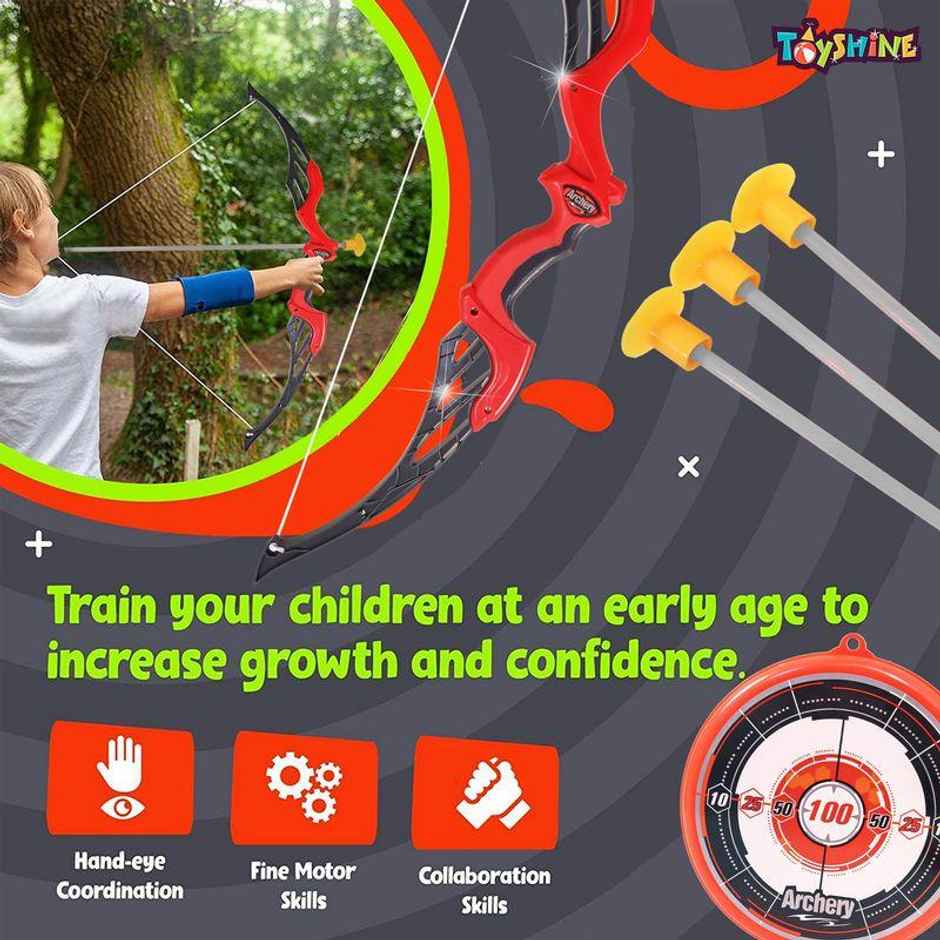Toyshine Big Size Archer Bow And Arrow Set With Quiver And 3 Suction Arrows And Target | Red