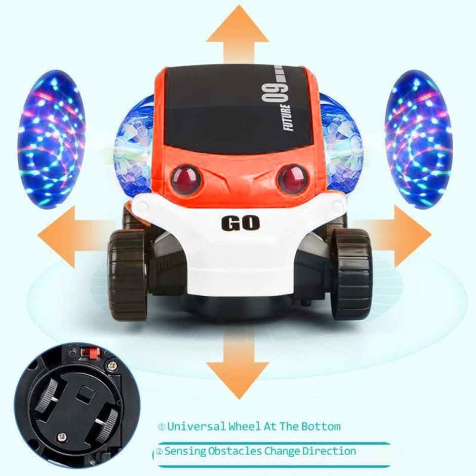 Fablue 360 Degree Rotating Stunt Car Toy For Kids With Lights - Musical Car For Kids - Orange