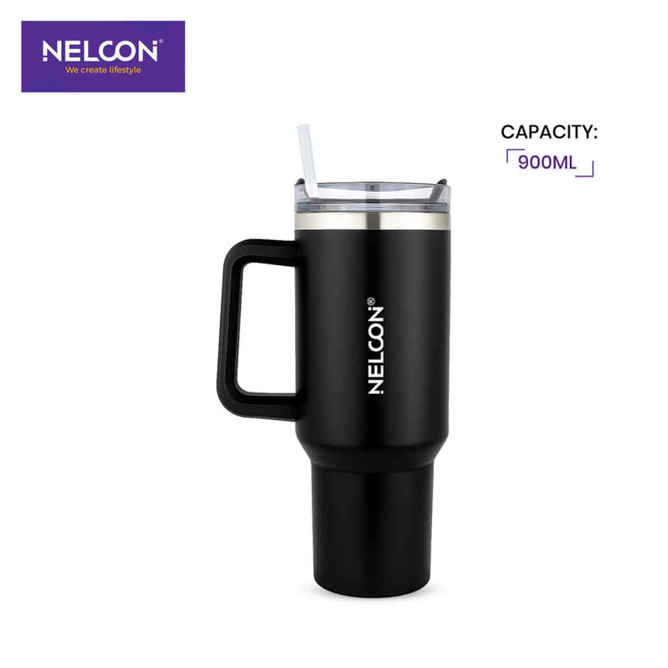 Nelcon SipJoy Vacuum Insulated Water Tumbler With Straw | Matt Finish | Black | 900 ml