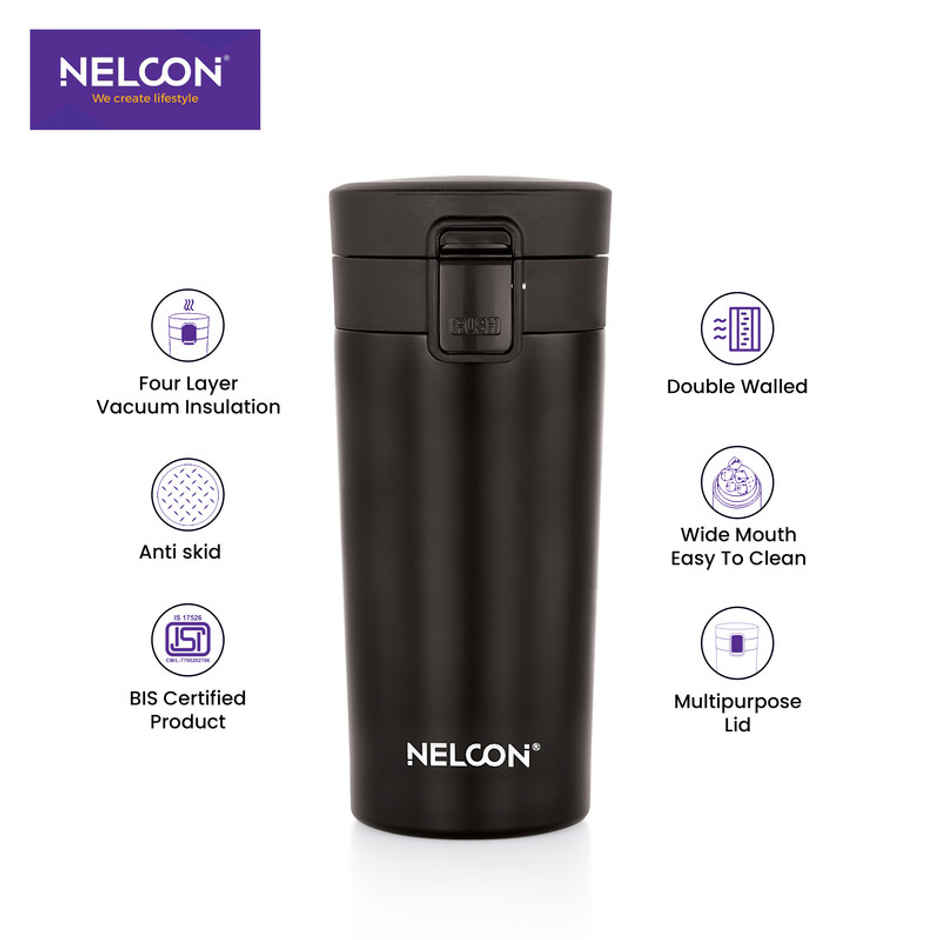 Nelcon Flagon Insulated Mugs & Tumbler | Double Wall Stainless Steel | Black | 400 ml