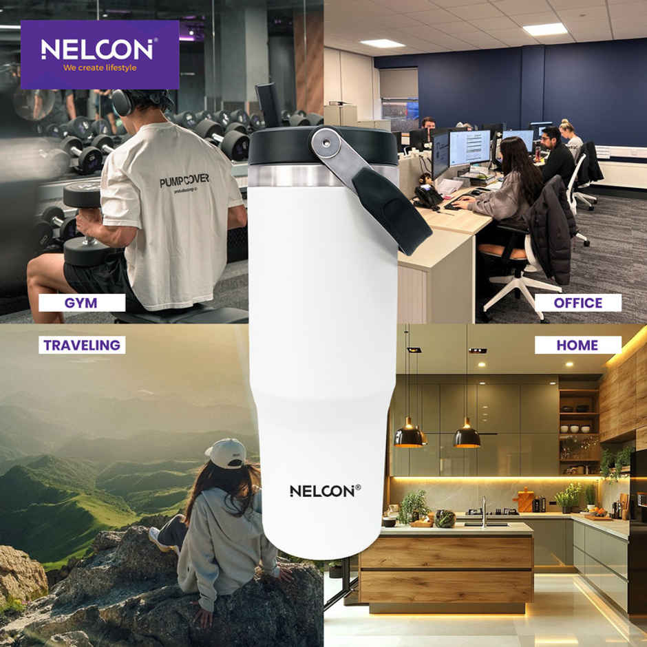 Nelcon Travel Mate Insulated Tumbler | Double Wall Stainless Steel Flask | White | 900 ml