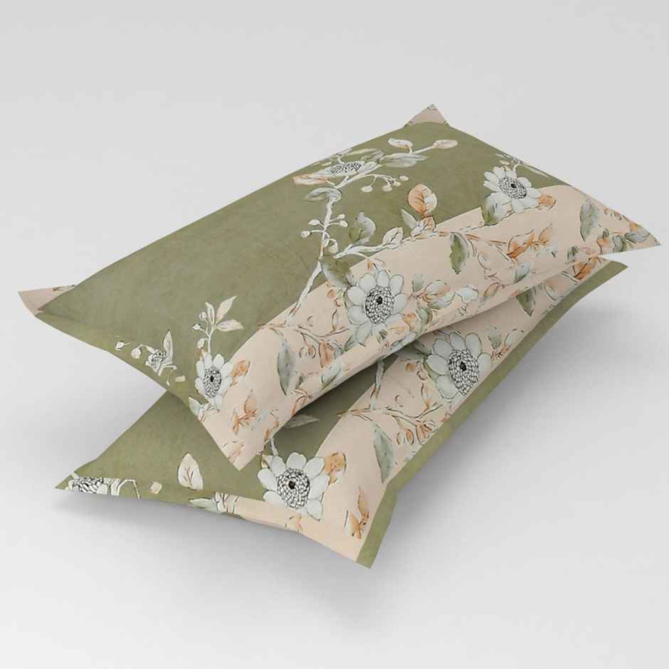 Florida Elastic Fitted Double Poly-Cotton Floral Bedsheet, 2 Pillow Covers | Beige&Green, 90x100in