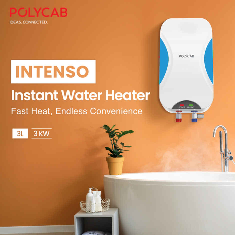 Polycab Intenso 3Litre,3Kw Electric Instant Geyser Water Heater Efficient Heatingelement-White Blue