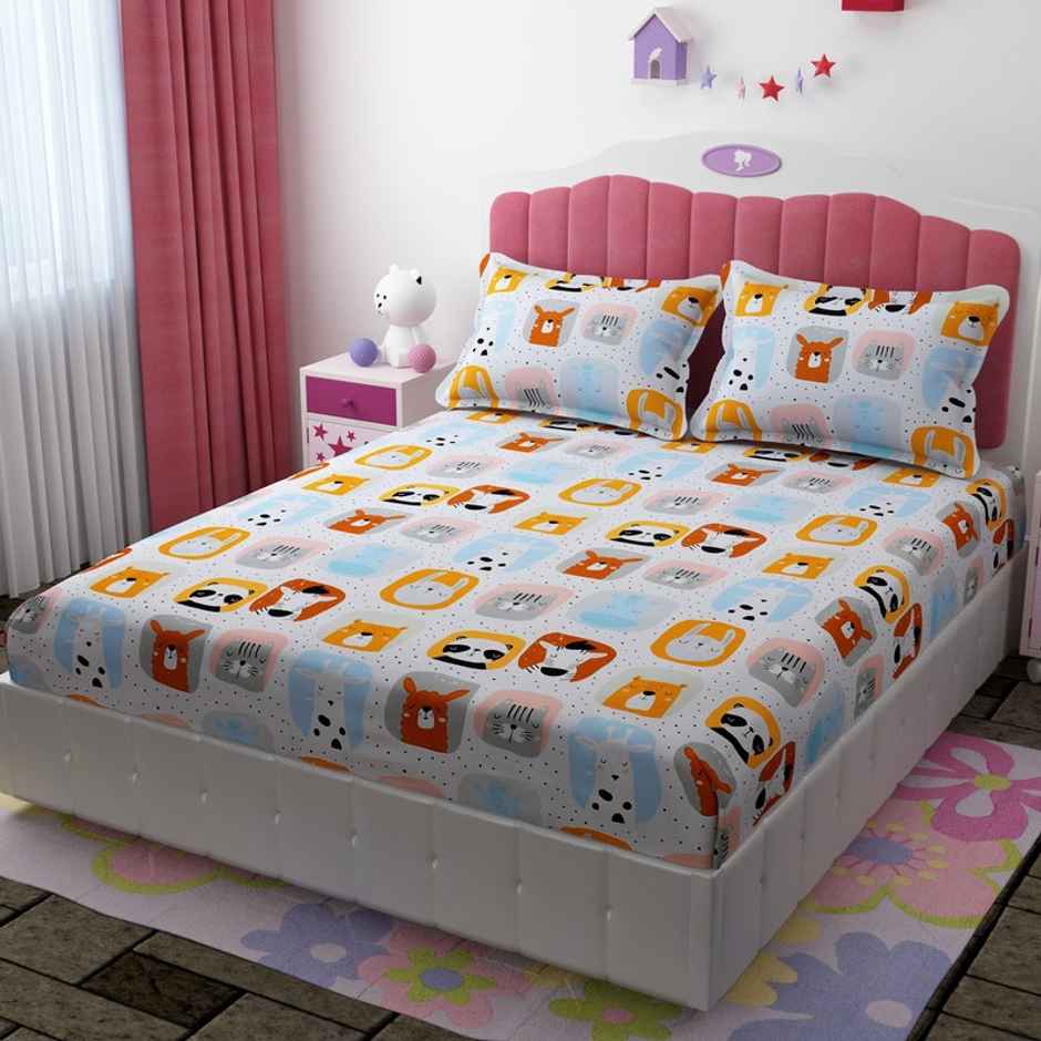 Florida Giggles Kids Bedsheet for Queen Size Bed with Pillow Covers | Made of Poly-Cotton
