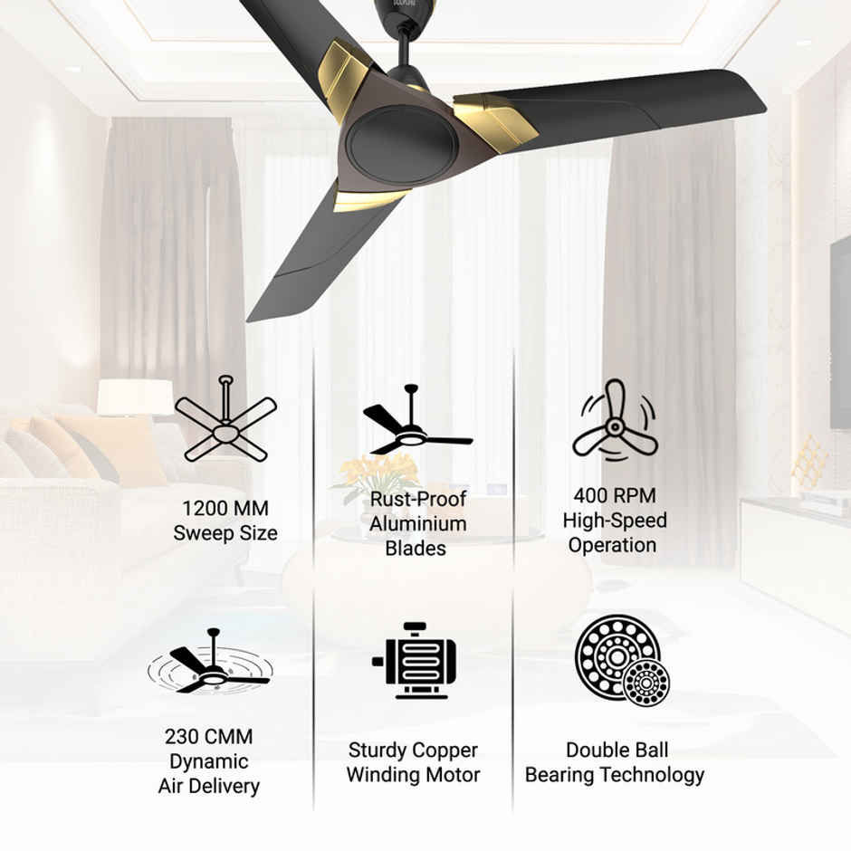 Polycab Aereo Plus Ceiling Fan,1200mm,100% Copper,Rust-Proof Blades,Matt Black Choclate Gold