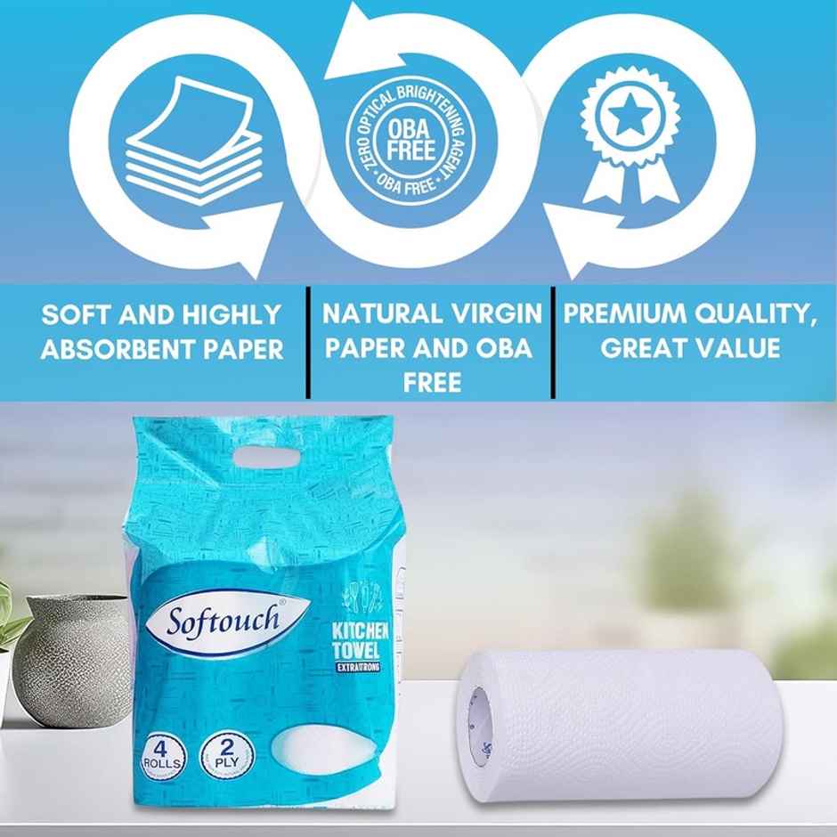 Softouch 2 Ply Kitchen Tissue/Towel Paper Roll, Soft And Highly Absorbent - 4 Rolls