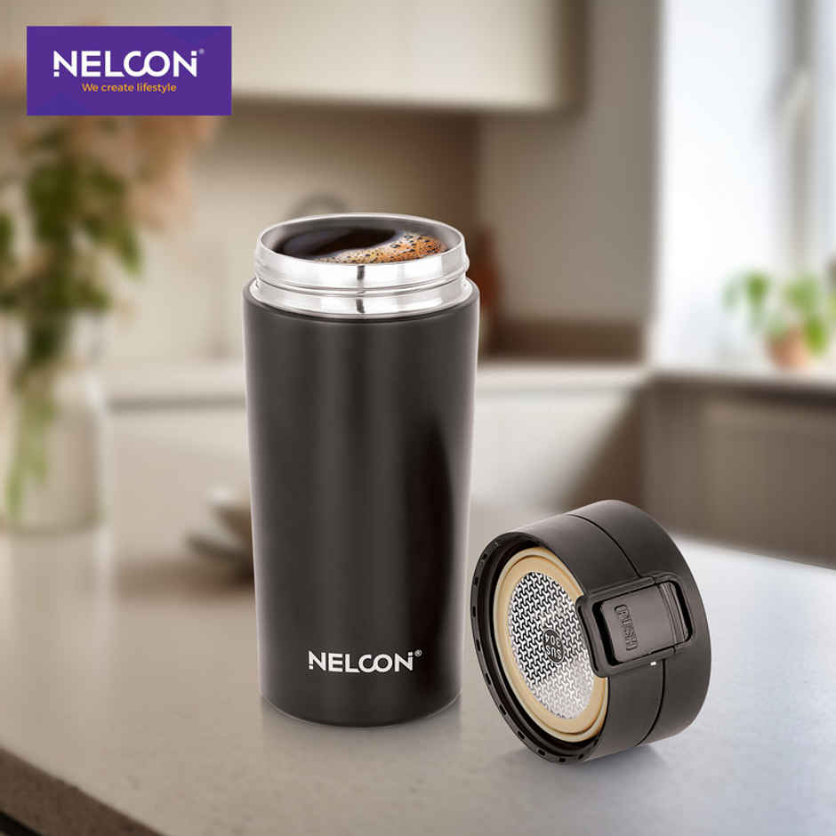 Nelcon Flagon Insulated Mugs & Tumbler | Double Wall Stainless Steel | Black | 400 ml