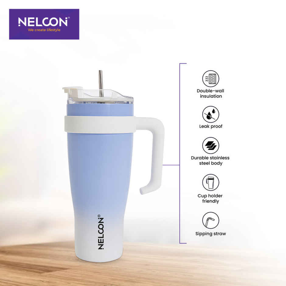 Nelcon Gripsip Double Walled Water Tumbler With Straw | Dual Shade | Light Blue & White | 1.2 L