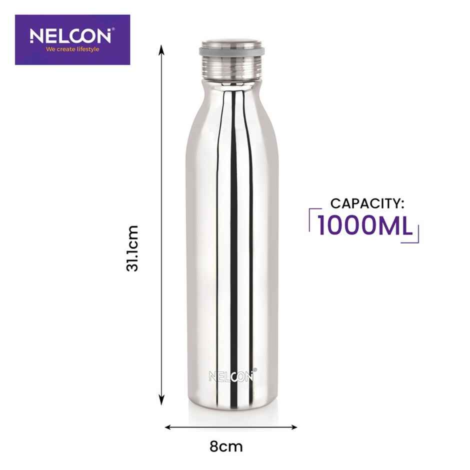 Nelcon Stark Vacuum Flask SS Bottle | School | Hiking | ISI Certified | 1 L | Sliver