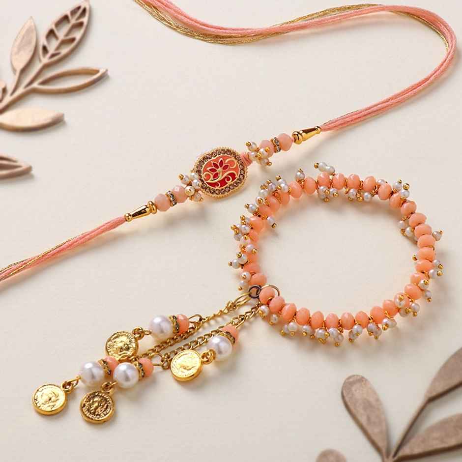 FlowerAura Bhaiya and Bhabhi Floral Rakhi - Stone and Pearl Danglings