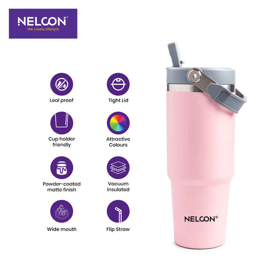 Nelcon Travel Mate Insulated Tumbler | Double Wall Stainless Steel Flask | Pink | 900 ml