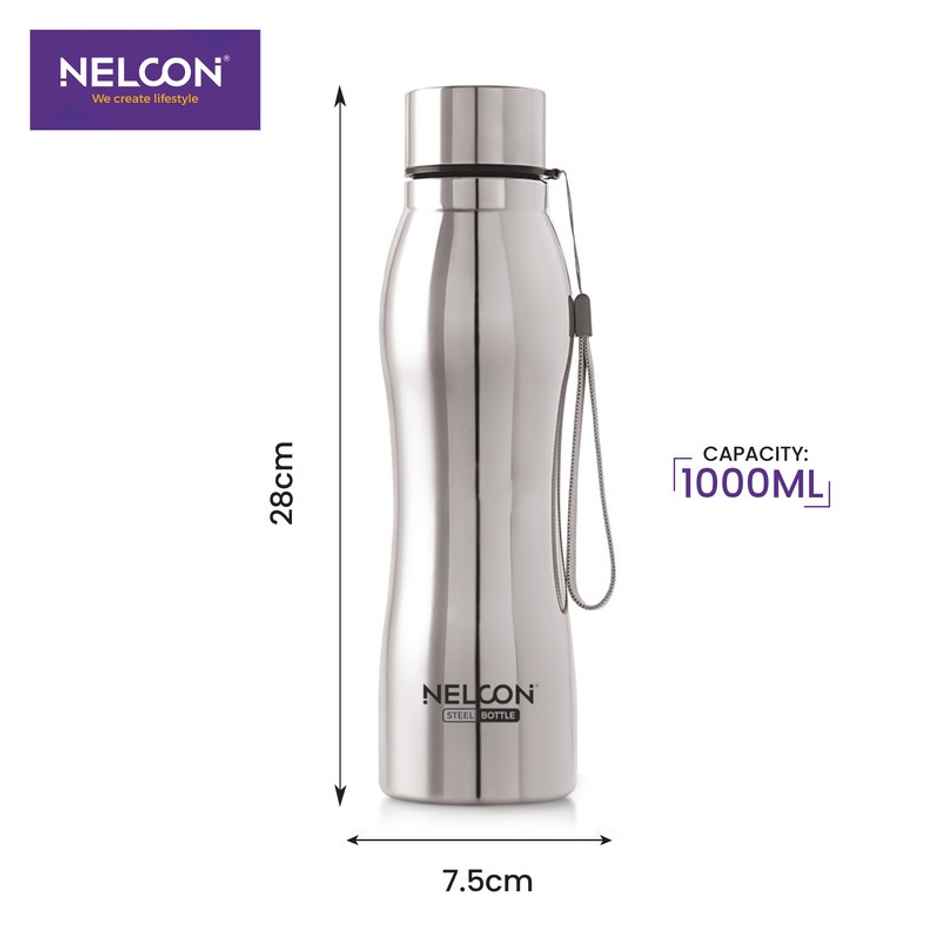 Nelcon Hexa Stainless Steel Water Bottle | 1 L | Spill-Proof | Easy To Grip | Fridge-Gym-Car