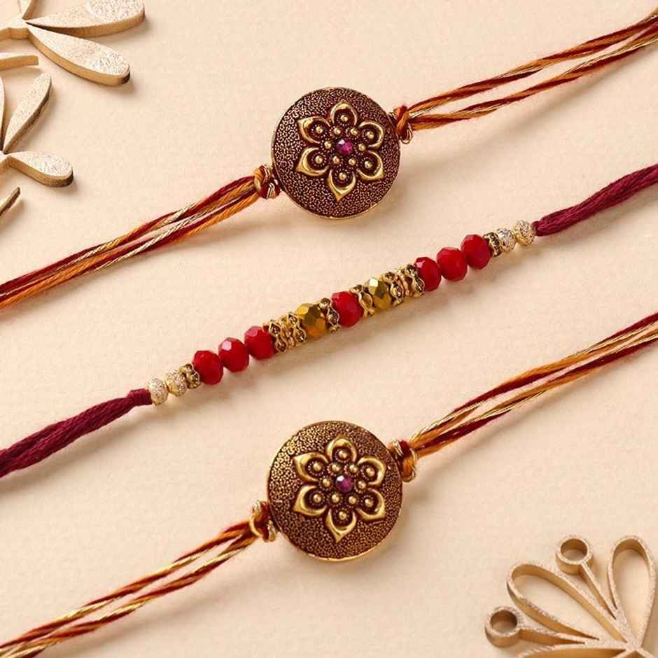 FlowerAura Floral Beaded Pendant Rakhi - Antique Finish
